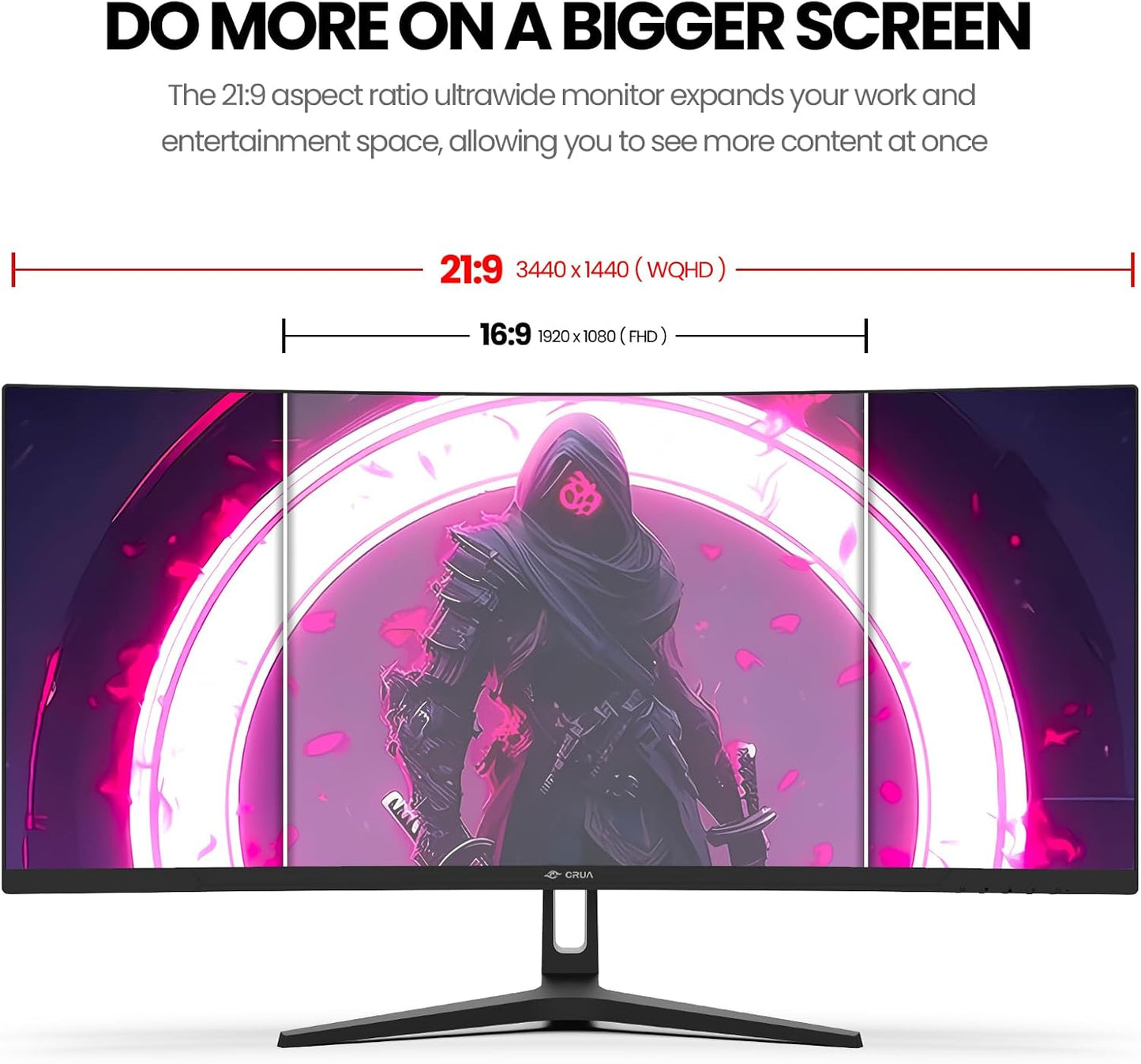 CRUA 34 Inch Curved Gaming Monitor, 21:9 WQHD 3440x1440 165Hz/144Hz 1500R Ultrawide Computer Monitor Support Freesync, PIP/PBP, 120% sRGB, HDMI 2.0 & DP 1.4, Wall Mountable/Tilt Adjustable-Black