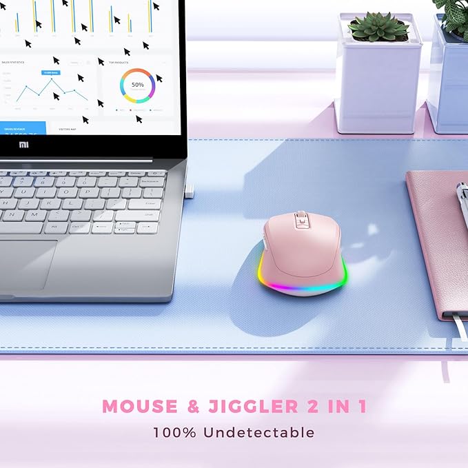 PEIOUS Mouse for Laptop, Wireless Mouse Jiggler - LED Wireless Mice with Build-in Mouse Jiggler Mover, Rechargeable Moving Mouse for Laptop Undetectable Keeps Computer Awake - Pink