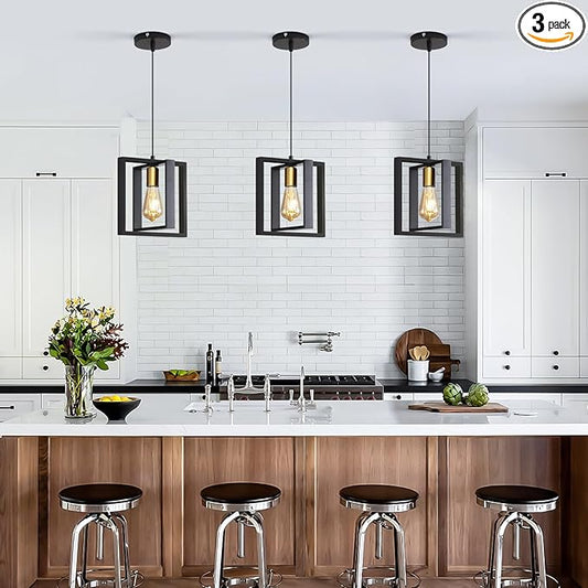 3 Pack Black Industrial Farmhouse Pendant Light, Vintage Metal Rustic Hanging Light, Adjustable Height Kitchen Island Pendant Lights Fixture, Mini Ceiling Lamp for Entryway, Dining Room, Foyer