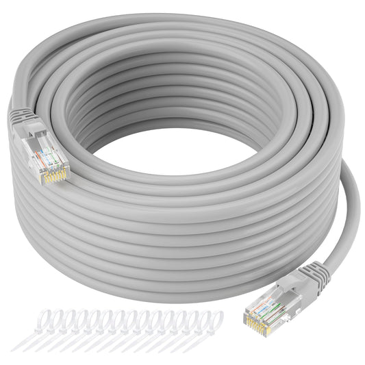 Cat5e Ethernet Cable 25 FT, Long Cat 5e Internet Cable, Grey Snagless Patch Cord, Flexible, Network, LAN, PoE, Standard RJ45 Connector for PC, Server, Router, Modem, TV, PS5 - with 15 Cable Ties