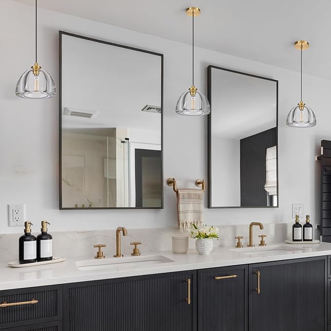 Crystal Pendant Light Kitchen Island: 2 Pack Luxury Brass Hanging Lights - 7" Modern Crystals Hemispher Lighting Fixture over Dining Table - Adjustable Gold Pendants Light for Bathroom Bulbs Included