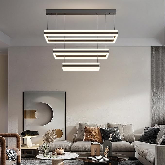 Modern Chandelier, 3 Layer Rectangle Pendant Light Fixtures, 3000K-6500K Dimmable Kitchen Island Chandelier, Adjustable Height Ceiling Hanging Led Light for Dining Room, Living Room, Foyer