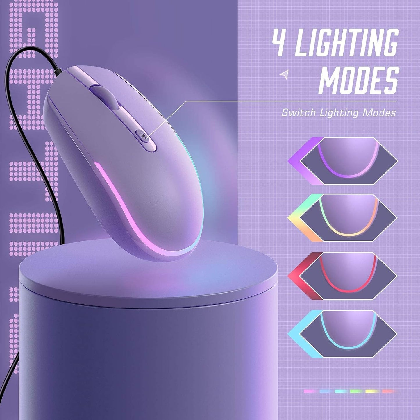 Seenda Wired Mouse - USB Computer Mouse with RGB Backlit Optical LED, Attached USB Cord for Laptops, Notebooks, Chromebook - Purple