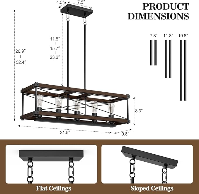 Farmhouse Kitchen Island Lighting, 5-Light Solid Wood 31.5” Dining Room Pendant Light Fixtures, Rustic Chandelier with Adjustable Height for Dining Room Kitchen Bar Pool Table, Walnut Color