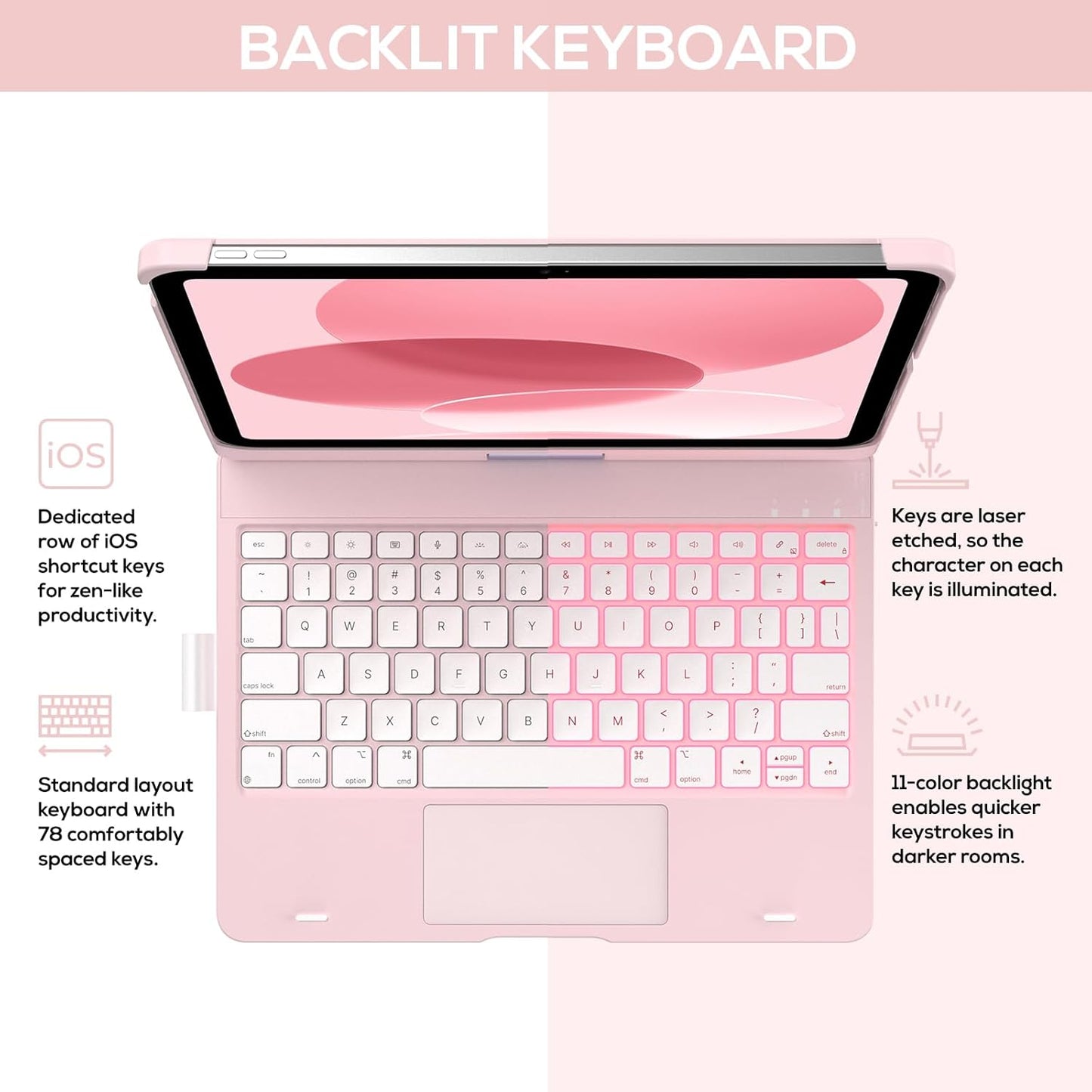 typecase Touch iPad 10th Generation Case with Keyboard (10.9", 2022) and iPad A16 (11th Gen, 2025) – 360° Rotatable, 11-Color Backlit, Multi-Touch Trackpad, Thin & Light (Light Pink)