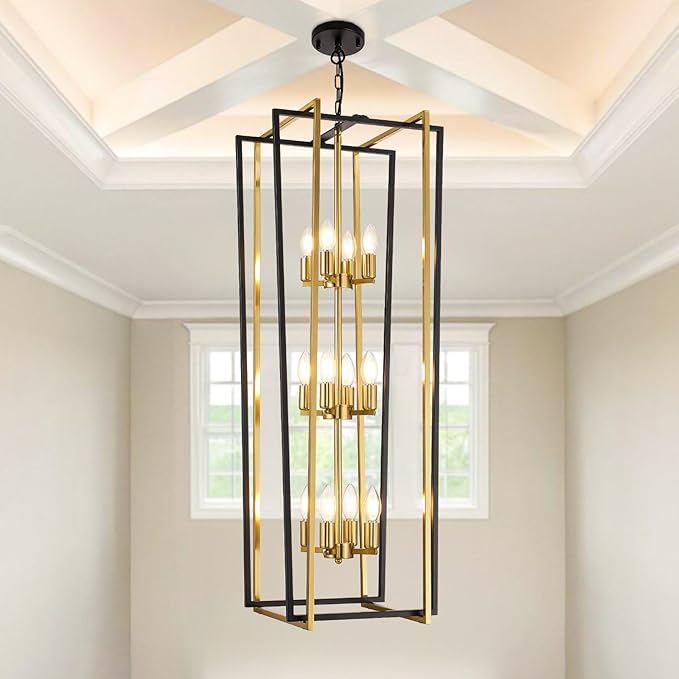 WJShome Stylish 12-Light Tiered Lantern Pendant Light Fixtures - Majestic Large Foyer Chandeliers for High Ceilings, Black & Gold Long Chandeliers Perfect for Your Farmhouse Entryway!