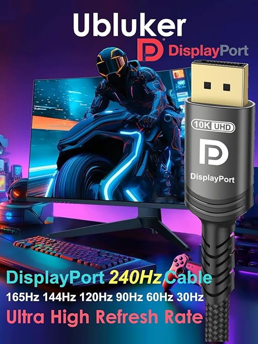 10K 8K DisplayPort 2.1 Cable 54Gbps 25 FT, Certified DP to DP Cord 4K 240Hz 165Hz 144Hz 120Hz 10K 8K 120Hz Nylon Braided UHBR HDCP2.3 FreeSync G-Sync RTX5090 Gaming Monitor PC Projector