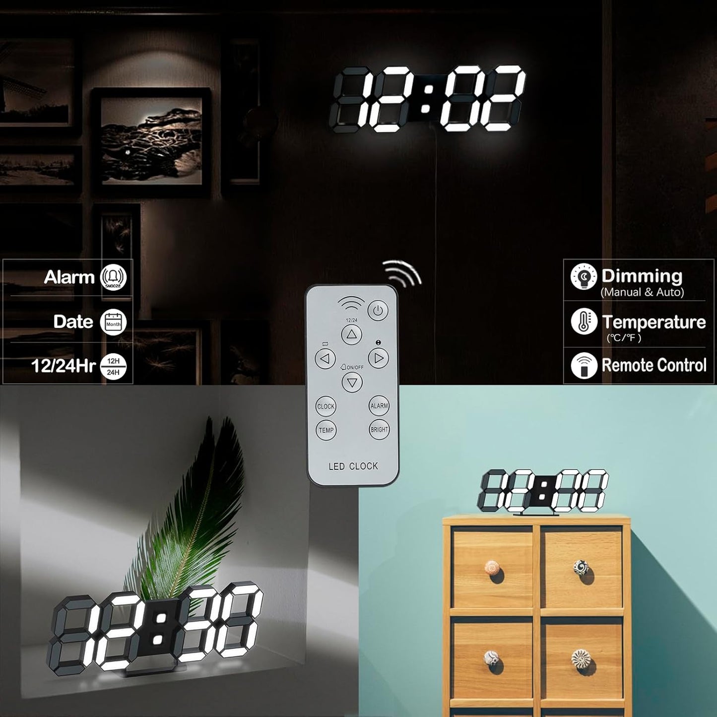 KOSUMOSU Digital Clock 3D LED Wall Clock for Living Room Decor 9.7" Alarm Clocks Black Clock Wall Decor Digital Wall Clock,Remote Control/Dimmer/Date/Temperature