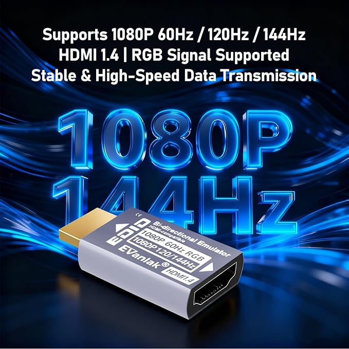 EVanlak Hdmi Passthrough Edid Emulator Adapter Dummy Plug Virtual Monitor Headless Ghost Display Adapter-1920X1080@59hz to 144Hz-1pack