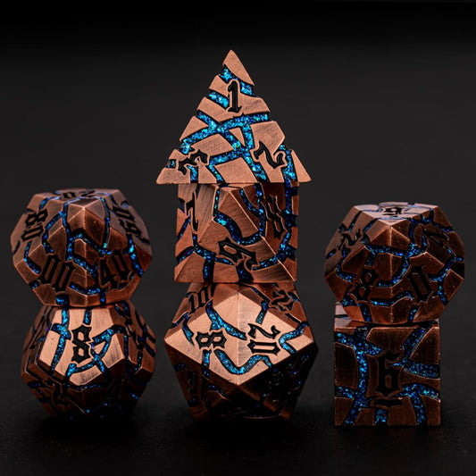 Dice Set D&D Dungeons and Dragons Dice D20 Metal DND Dice Set with Box, Polyhedral Role Playing Dice D12 D10 D% D8 D6 D4 for MTG RPG Board Games(Antique Copper Bright Blue)