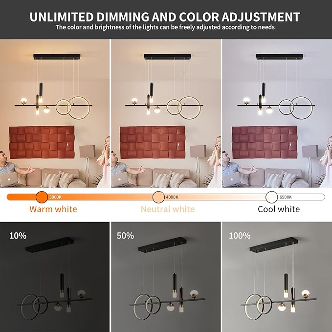 Siittoo Modern Chandeliers for Dining Room, Dimmable Led Linear Pendant Light with Remote Control, Black Gold Pendant Lighting Hanging Light Fixtures for Kitchen Island, Dining Room, Living Room (48W)
