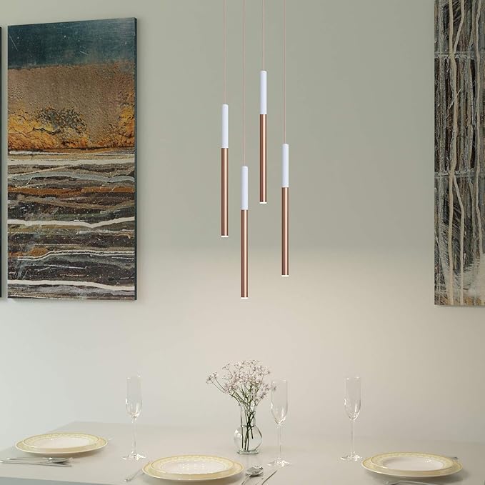 ALTAIR 4 Mini Pendant Lighting White-Copper - LED Hanging Light Fixture for Kitchen Island, Bar, Foyer - Cluster Pendants - Dimmable, Adjustable Wire, Lamp Bulb Included