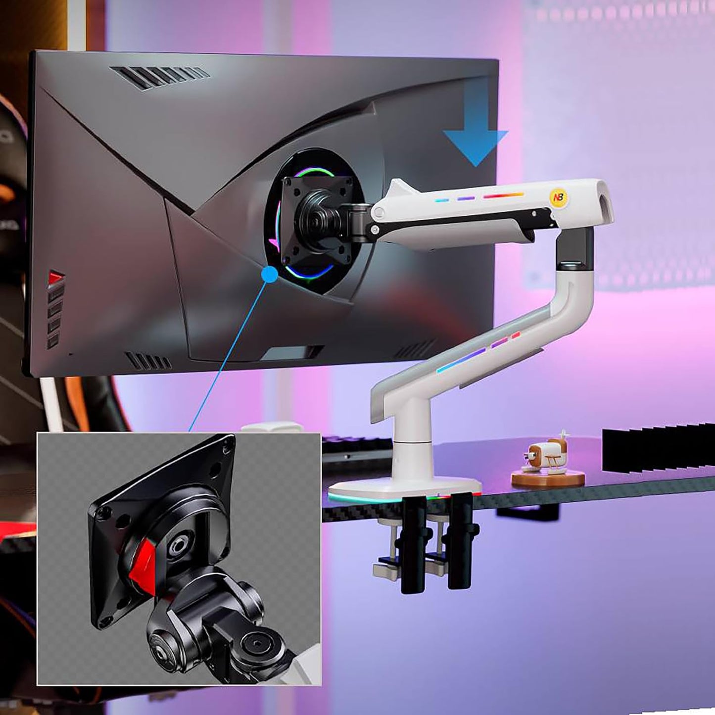 Gaming Monitor Arm for Flat/Ultrawide/Curved Monitors 32 to 60 inch, Heavy Duty Monitor Stand Load up to 20 kg, VESA 75/100 mm Mount (White)