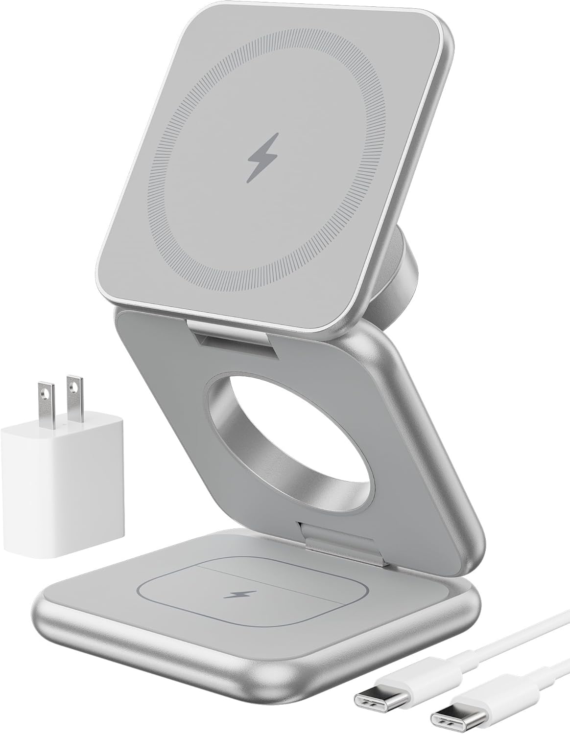 Foldable Magnetic Wireless Charger, KU XIU X40 Aluminum Alloy 3-in-1 Charging Station for Apple, Fast Charging Travel Charger for iPhone 16 15 14 13 12Series, 5W Apple Watch 1-10/Ultra, AirPods,Silver