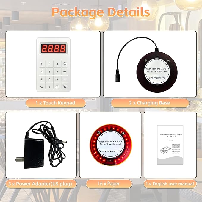 Restaurant Pager System 16 Coaster Pagers and Beepers, Restaurant Beepers Buzzers System with Vibration Flashing Buzzer Queue Wireless Calling System for Food Truck Coffee Shop Church Nursery Bar