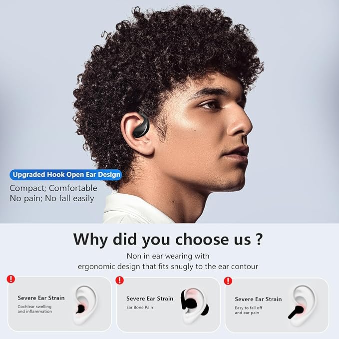 Open Ear Clip Wireless Earbuds Bone Conduction Headphones, Bluetooth 5.4, Open Ear Design for Running Fitness,Office，Built-in Mic, IPX7 Waterproof, LED Display Charging Case,Ear Hooks Ear Buds