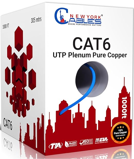 NewYork Cables CAT6 Plenum Cable 1000ft | 100% Pure Copper, UTP, 550MHz, 23AWG, 4Pair 10GB Ethernet Cable, Certified CMP-Rated Bulk Cat 6 Cable for Networking & Gaming (1000ft, Pure Copper,Blue)