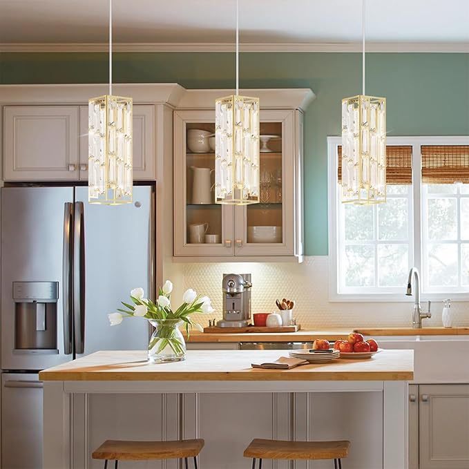 Brass Pendant Lights Modern Pendant Light Fixture, Mini Crystal Pendant Ceiling Light, Pendant Light for Kitchen Island, Dinning Room, Bedroom, Kitchen Sink Lighting (2-Pack)