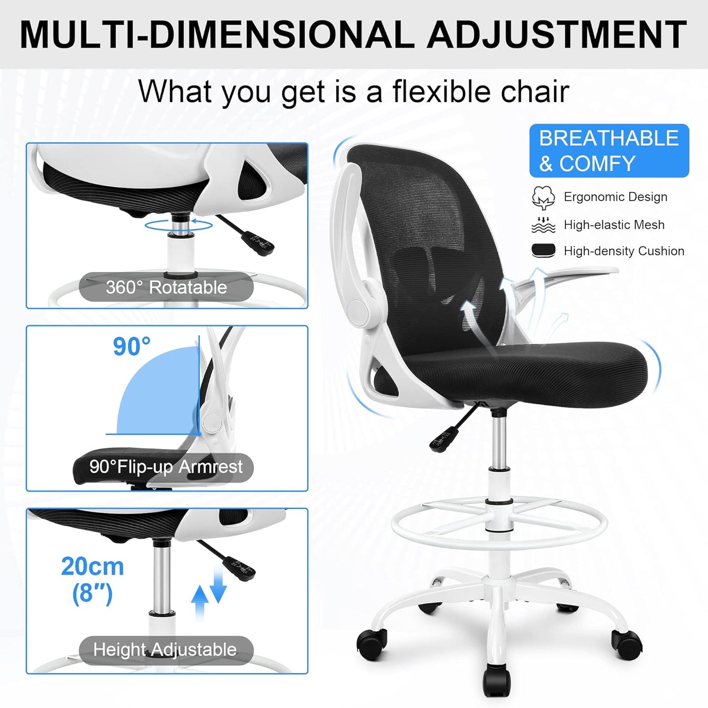 Primy Ergonomic Drafting Chair with Flip-up Armrests Tall Office Chair for Standing Desk Comfortable Desk Chair with Adjustable Footrest Ring and Lumbar Support in Gray Perfect for Home (White)