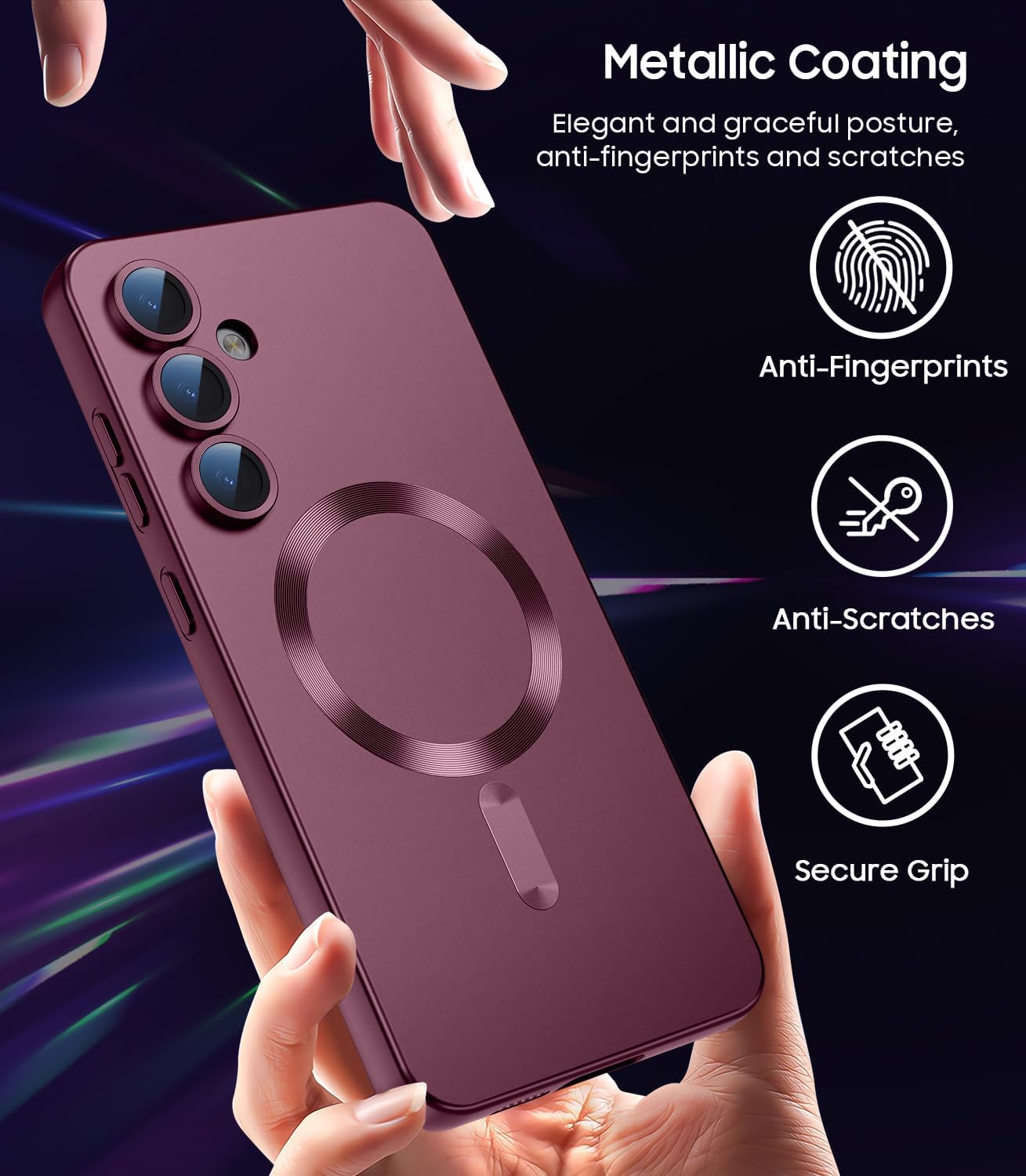 Magnetic for Samsung Galaxy S24 Case [Compatible with MagSafe][Built-in Camera Lens Protector] Slim Soft Silicone Bumper Shockproof Metallic Luster Phone Case (Burgundy)