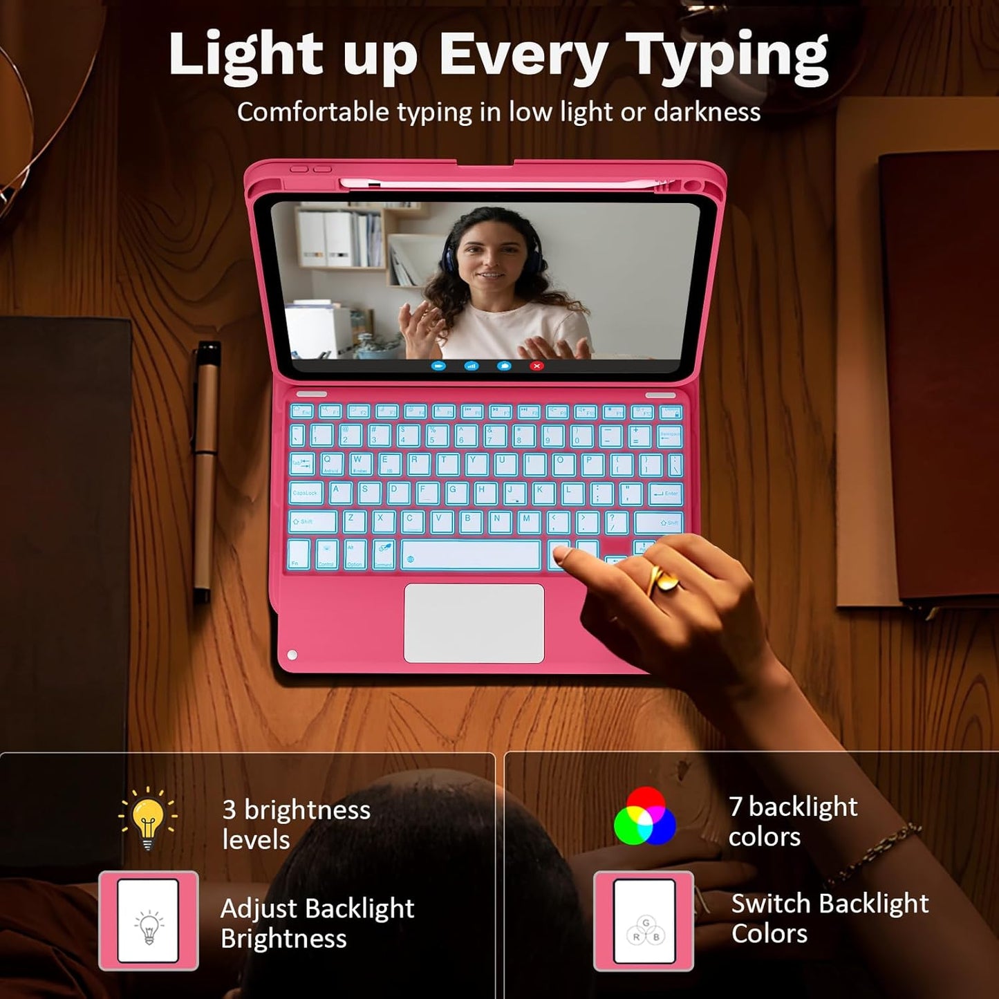 MoKo Touch Keyboard Case for iPad (A16) 11th Generation 11 inch 2025, iPad 10th Generation 10.9 inch Case with Pencil Holder, 7 Colors Backlit Multi-TrackPad Detachable Bluetooth Keyboard, Pink