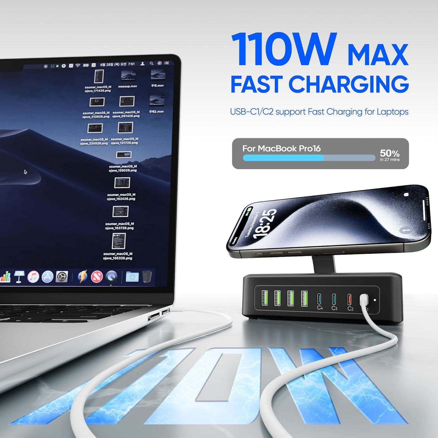 160W USB Charging Station Power Strip, 11-in-1 USB C Charger Block, 2AC Outlets with 8USB Ports(4USB-C), 5FT Flat Plug Extension Cord, Fast Charging Desktop Charger for Home Office Dorm Room, Black