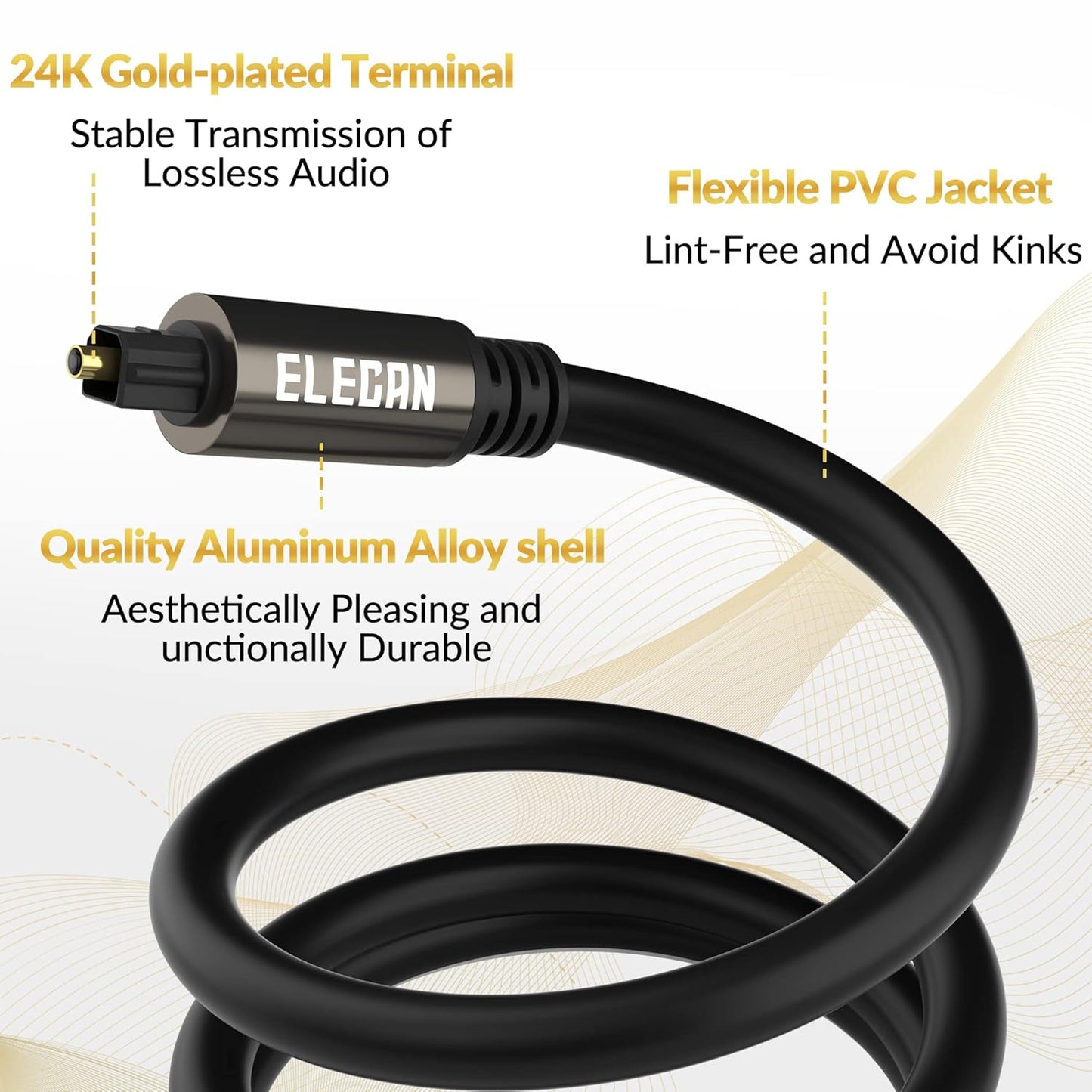 Elecan Optical Audio Cable 8 Ft/2 Pack Digital Audio Toslink Cable Cord-Fiber Optic-Gold Plated-Flexiable&Durable-for Home Theater,Sound Bar,PS4& Xbox-with Right Angled+Mini Toslink Adapters+Ties