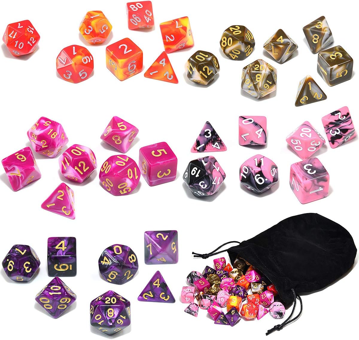 Assorted 5 Colors Polyhedral Dice Set for Dungeons and Dragons RPG Table Games with Black Drawstring Pouch