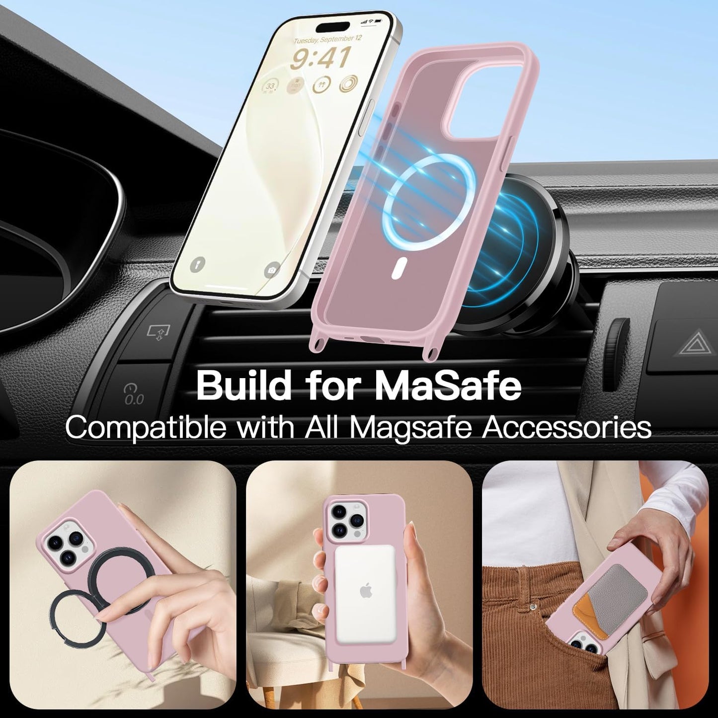 for iPhone 16 Case with Lanyard [Compatible with MagSafe], Crossbody Phone Case with Neck Strap Adjustable, Magnetic Phone Cover for iPhone 16 6.1'' Pink
