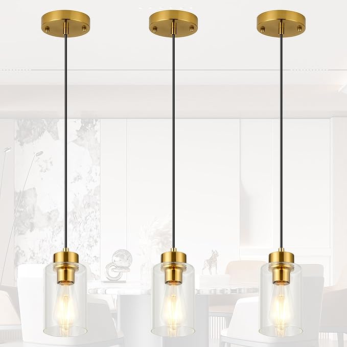 Hanging Kitchen Lights Over Island Burshed Brass with Clear Glass Shade, 3 Pack Small Chandelier Farmhouse Pendant Light for Kitchen Island Dining Room Hallway