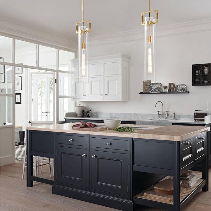 Modern Gold Glass Pendant Light: Knurled Brass Pendant Lights Kitchen Island Set of 2 - Minimalist Pendants Lighting Fixtures with Long Tube - Dimmable Hanging Light Fixture over Table Bulb included