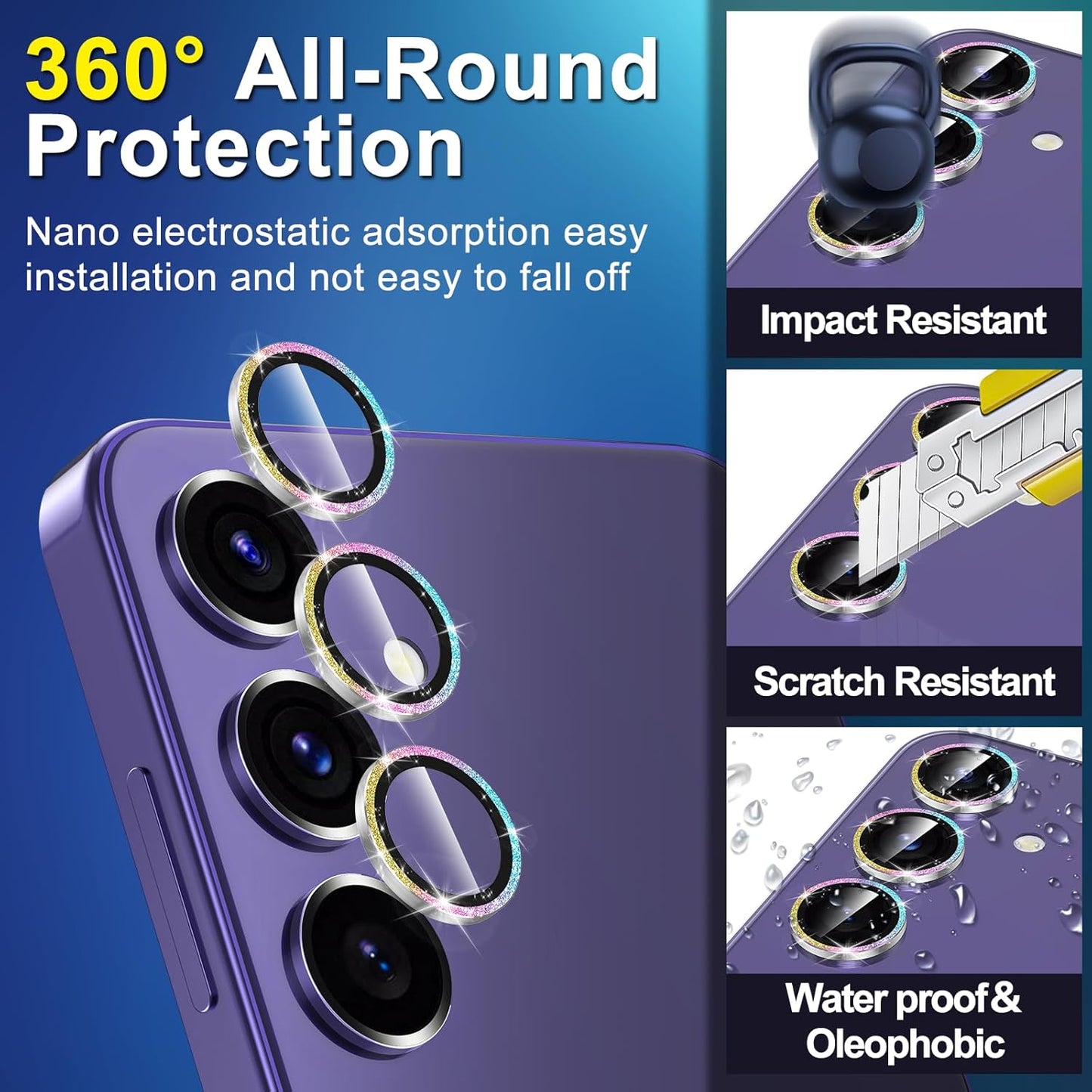 for Samsung Galaxy S24 Plus Camera Lens Protector, Individual Metal Ring Tempered Glass Lens Cover, [Strong Adsorption] Scratch Resistant Ultra-Thin HD Clear Lens Cover, 1 Set-Colorful Sparkly