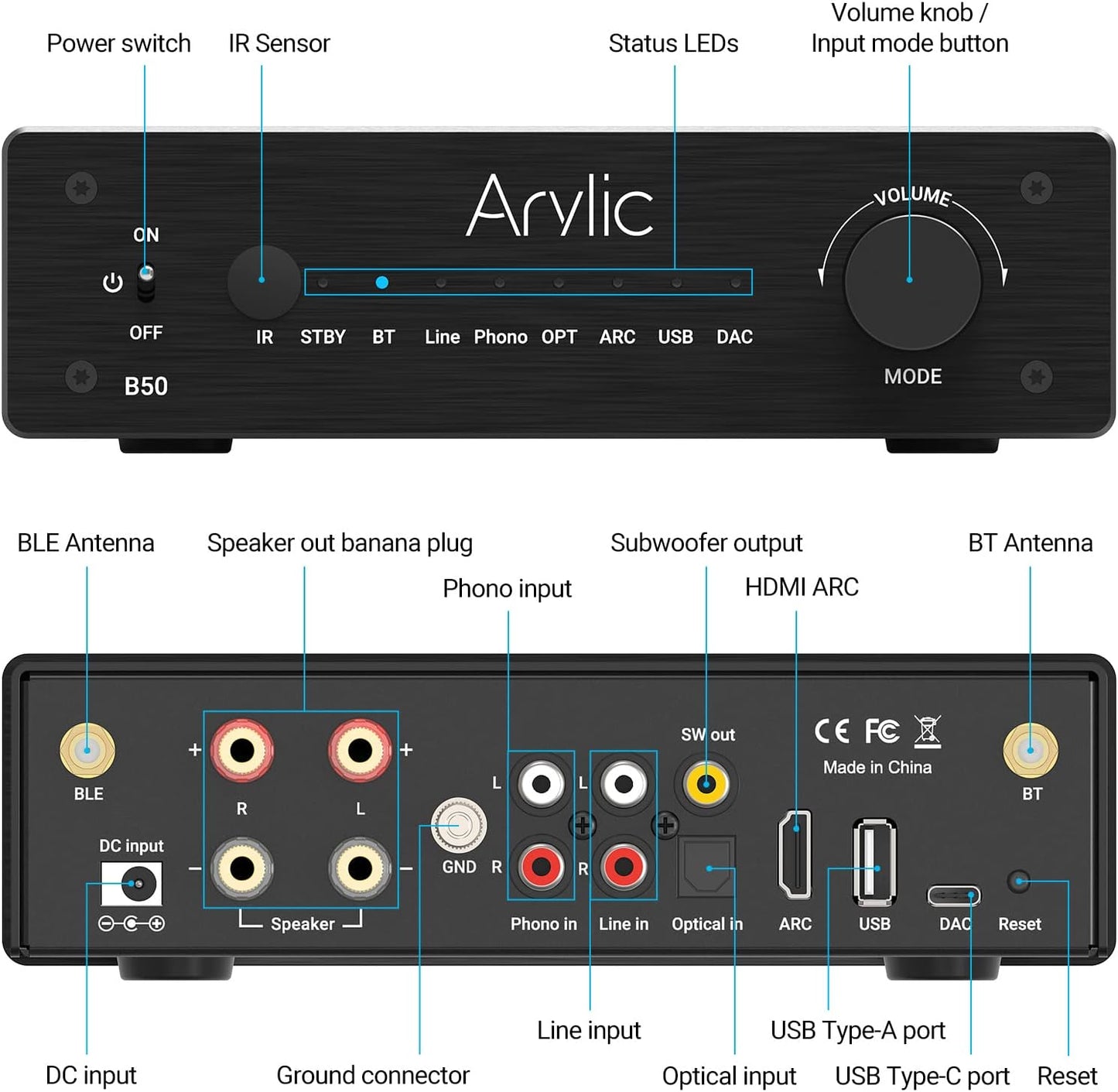 Arylic B50 2 Channel Bluetooth Amplifier with Audio Transmitter, 50W*2 Home Stereo Amplifiers with HDMI ARC,DAC,Phono in and Free APP. Support aptX HD Music Transmission & Reception.