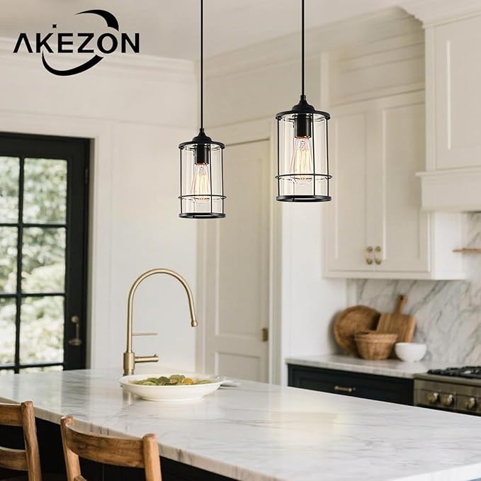 Black Pendant Light Kitchen Island Glass Pendant Light Fixture, Kitchen Hanging Lights with Clear Glass, Modern Farmhouse Cage Pendant Lights for Dining Room Hallway Bathroom