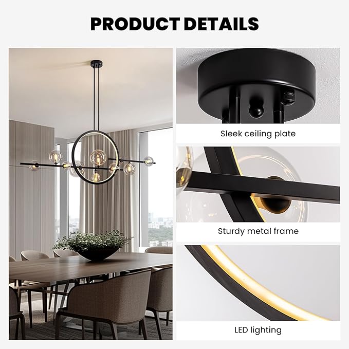 CROSSIO Modern Black LED Pendant Light, 10-Light Kitchen Island Chandelier with Glass Globe Shades, Adjustable Linear Light Fixture for Dining Room and Living Room