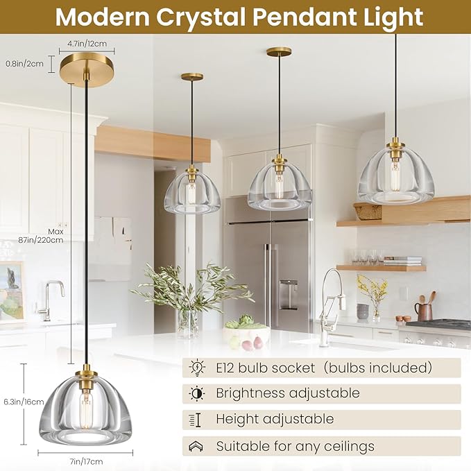 Crystal Pendant Light Kitchen Island: 2 Pack Luxury Brass Hanging Lights - 7" Dimmable Modern Crystals Lighting Fixture over Dining Table - Adjustable Gold Pendants Light for Bathroom Bulbs Included