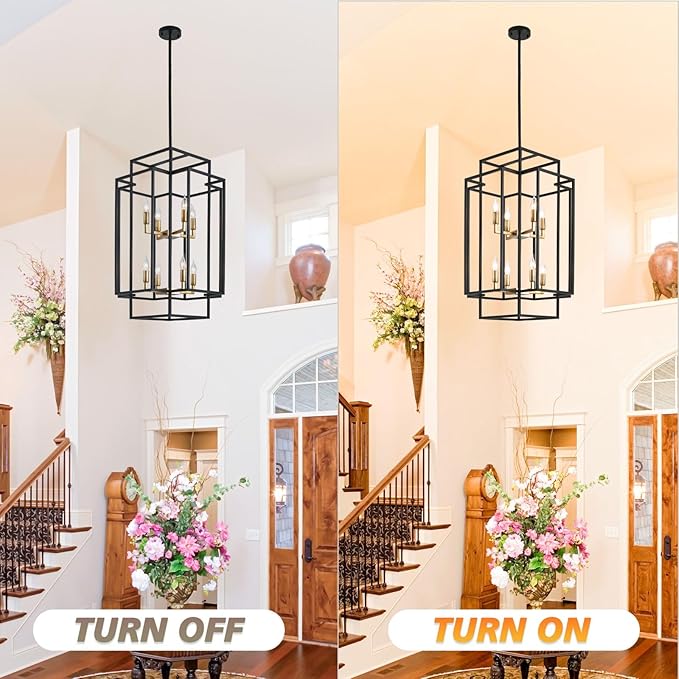 WJShome 8-Lights Farmhouse Chandelier, Modern Foyer Lighting Fixtures, Large Chandeliers for High Ceilings, Black and Gold Tiered Lantern Pendant Light, for Living Room, Staircase, Entryway