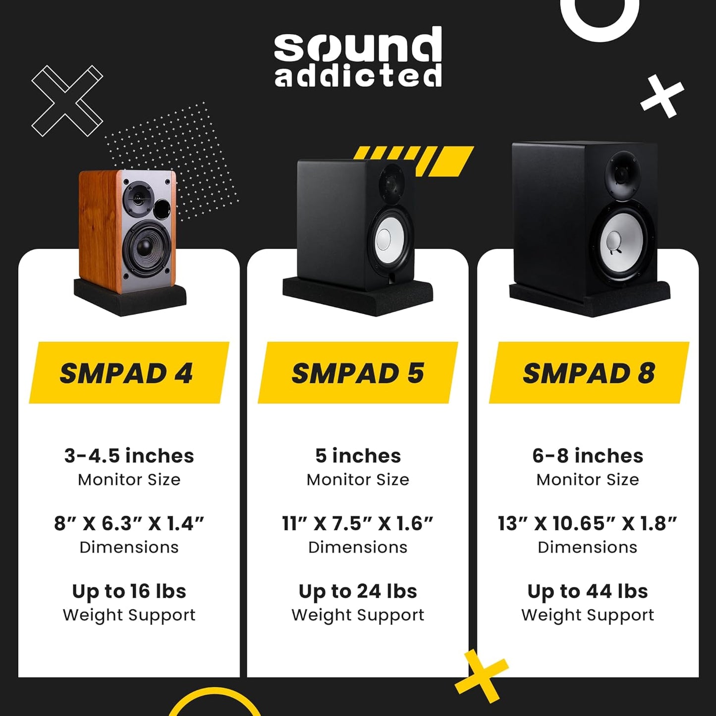 Sound Addicted - Studio Monitor Isolation Pads for 3-4.5 inches Small Speakers, Pair of 2 High Density Dampening Acoustic Stands Foam which Fits Most Bookshelf’s and Desktops | SMPad 4