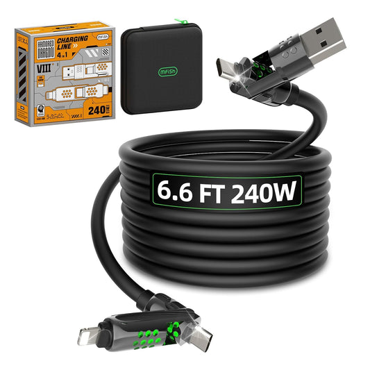 MFish 4-in-1 USB C Charging Cable, 6.6Ft Type C to Type C Cable, 240W Fast Charger for iPhone 16/15/14 Pro Plus Pro Max, for iPad MacBook Pro/Air, Laptops - Multi Charging Cable with USB-A