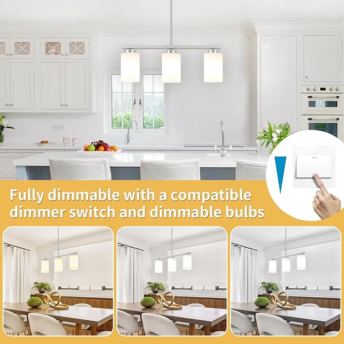 3-Light Kitchen Island Lighting, Brushed Nickel Dining Room Light Fixtures Over Table, Modern Farmhouse Chandeliers with Milky Glass Shade Pendant Light for Dining Room Kitchen Island