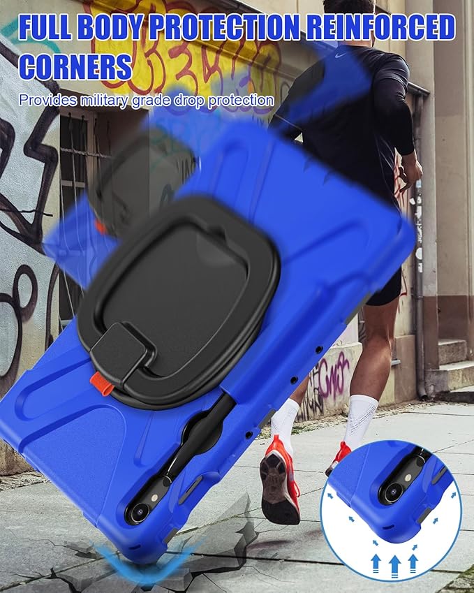 BRAECN Rugged Case for Galaxy Tab S10 Lite/S10 FE/S9 FE 10.9 Inch & S9/S8/S7 11 Inch 2025/2023 SM-X400/X520/X510/X710 | Heavy Duty Silicone Cover with Kickstand, Shoulder Strap & S Pen Holder, Blue