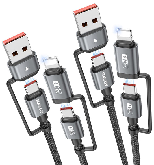 SUNGUY 4 in 1 Charging Cable 3FT [2 Pack], 60W Multi Charging Cable, USB-C/A to Lighting/C Cord for iPhone 16/15/14 Pro/iPad/MacBook/Samsung Galaxy S25/S24/Tablets
