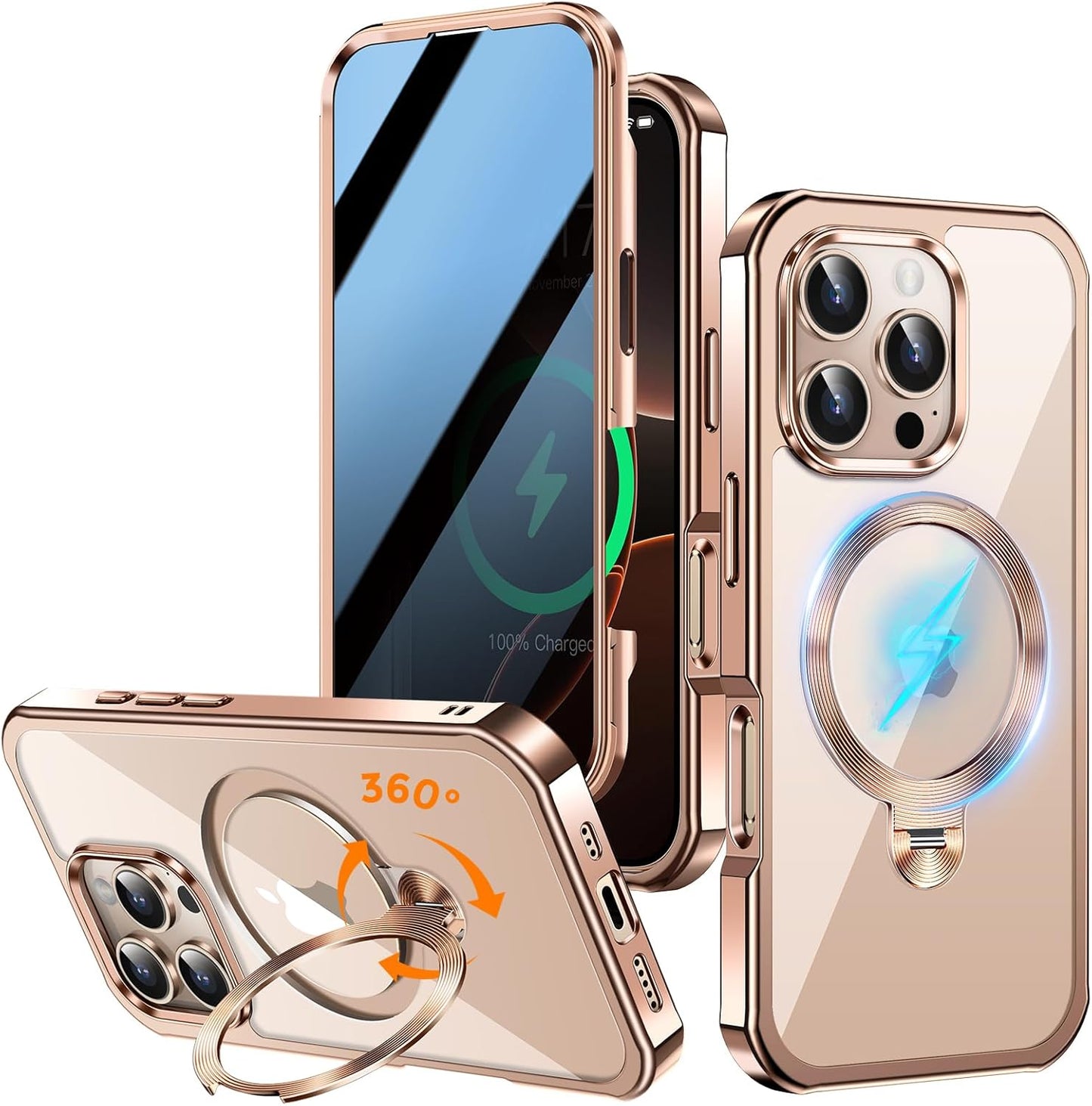 [360° Rotatable CD Stand & Built-in Privacy Screen Magnetic Case for iPhone 16 Pro[Compatible with MagSafe & Full Signal] Mil-Grade Shockproof Full Body Anti-Spy Cover for 16 Pro-Desert Gold