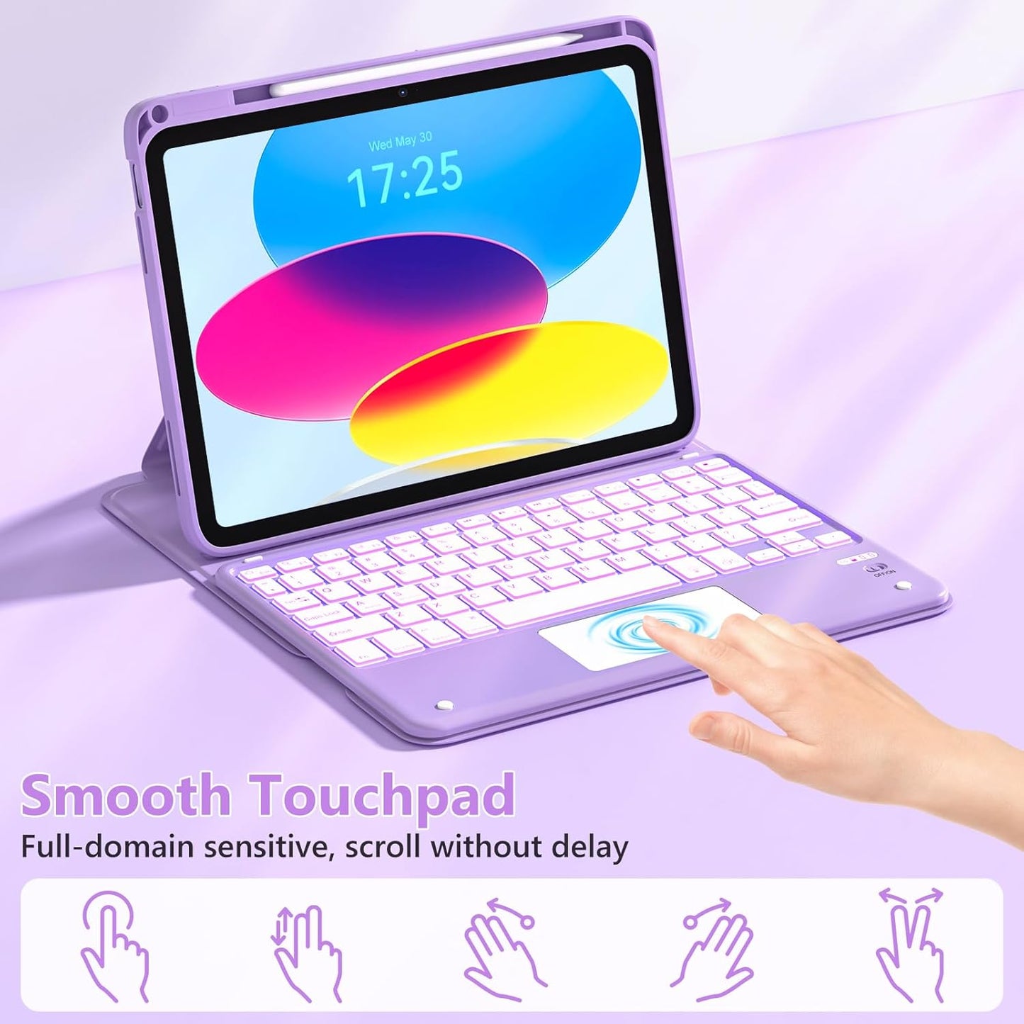 TaIYanG Touchpad for iPad A16 11th/10th Generation Case with Keyboard, 7 Color Backlit 360 Rotation Cover with Pencil Holder,Detachable Keyboard for iPad 11 inch 2025/10th Gen 10.9'' 2022 (Purple)