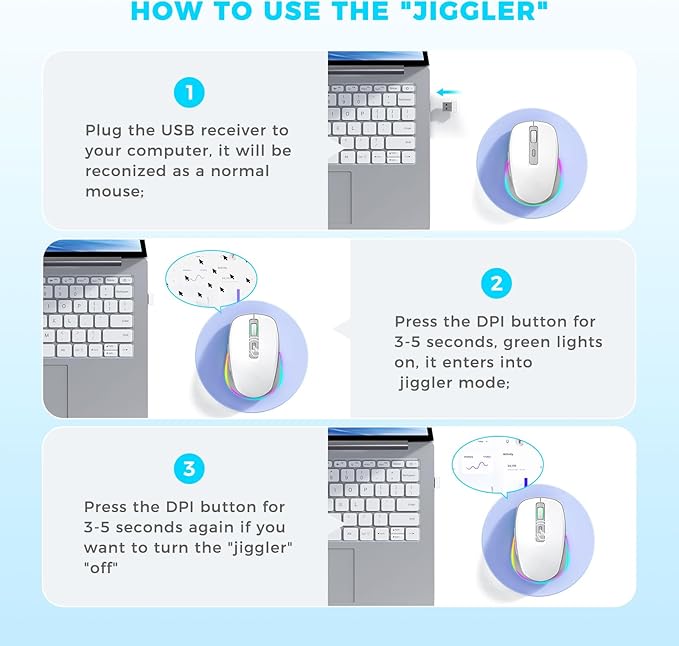 PEIOUS Wireless Mouse Jiggler - LED Wireless Mice with Build-in Mouse Mover, Rechargeable Moving Mouse for Laptop with Undetectable Random Movement Keeps Computers Awake - White & Grey