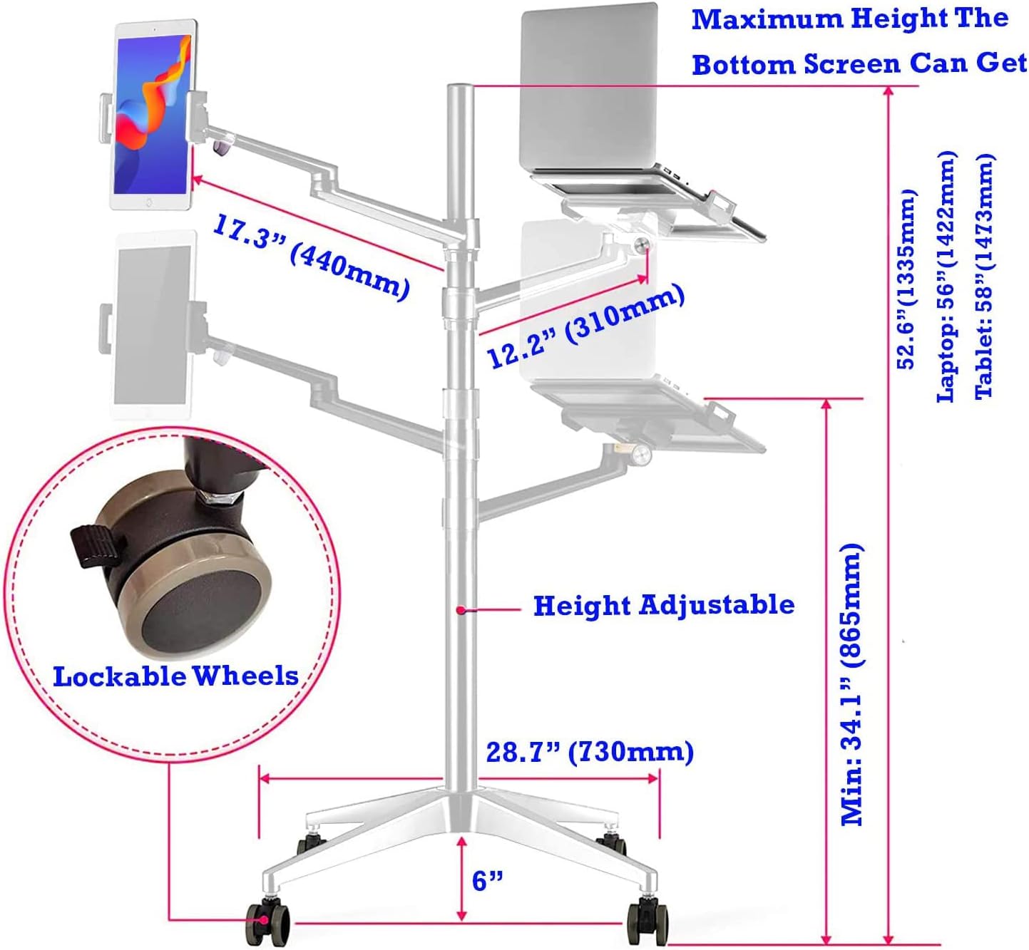 Triple arm Height Adjustable Stand Mount with Rolling Wheel for Laptop(11-17 inch) and Compatible with ipad iPad pro 12.9 inch/Tablet/Ereader