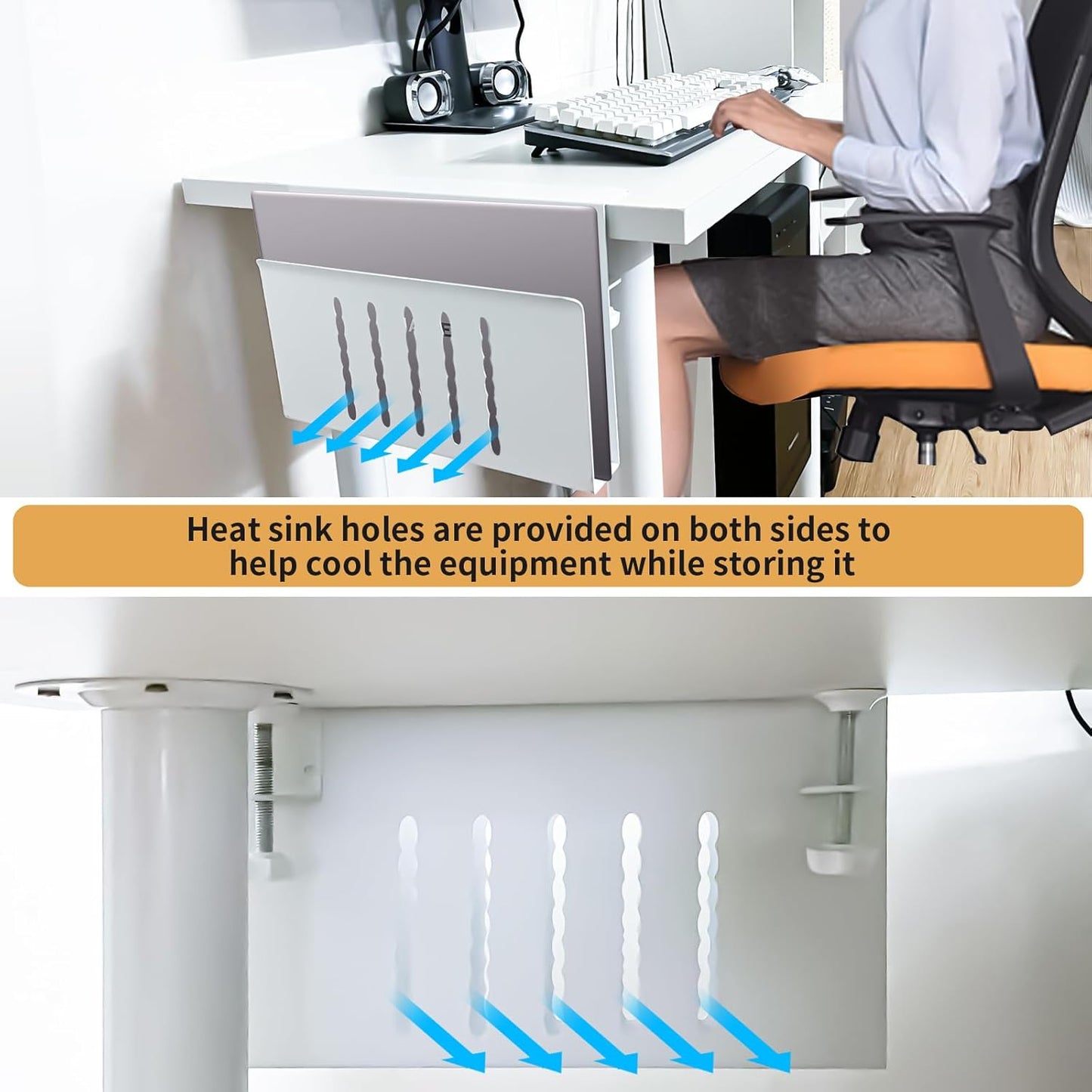 Desk Side Storage, Under Desk Storage, No Drill Steel Hanging Desk Organizer, Laptop Holder, Desk Storage Holder for Office & Home.(White)