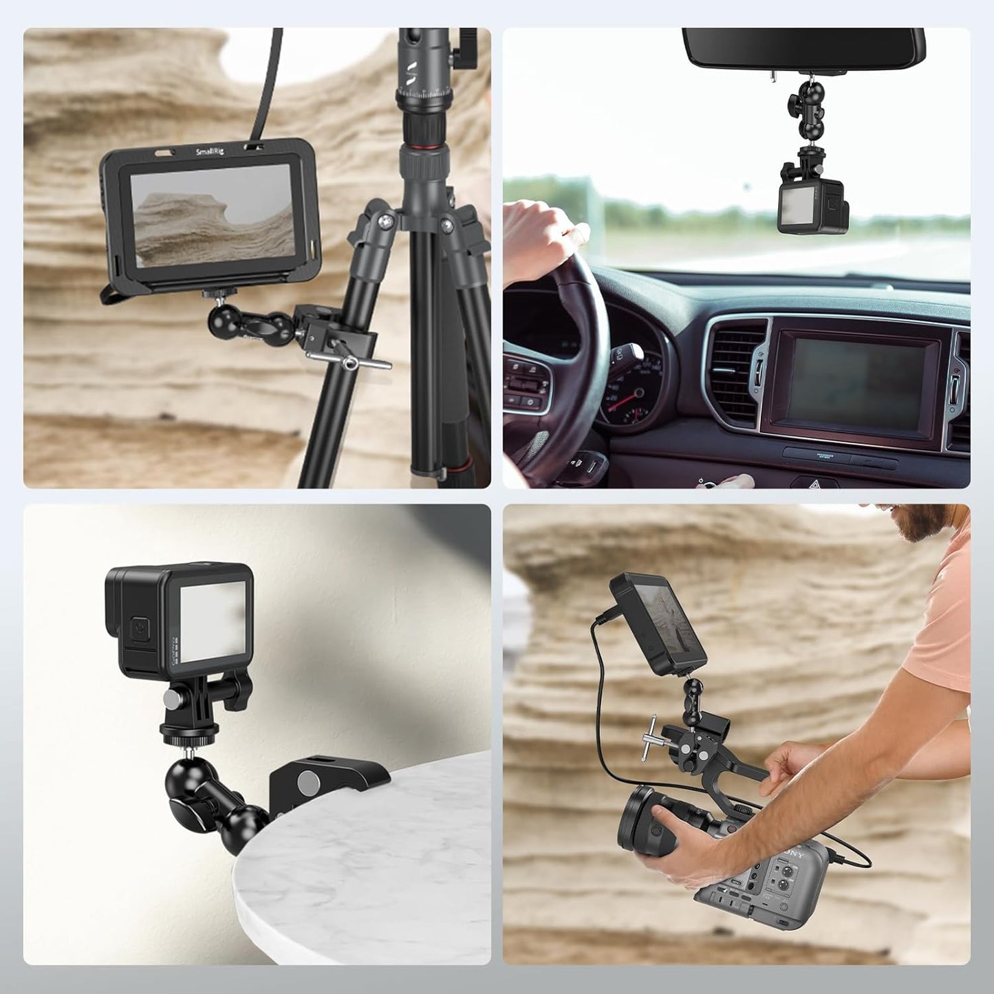 SMALLRIG Super Camera Clamp Mount, Double Ball Head Magic Arm Adapter, Fence/Desk/Tripod Mount for Monitor/Light/Camera, for Insta360, for Gopro