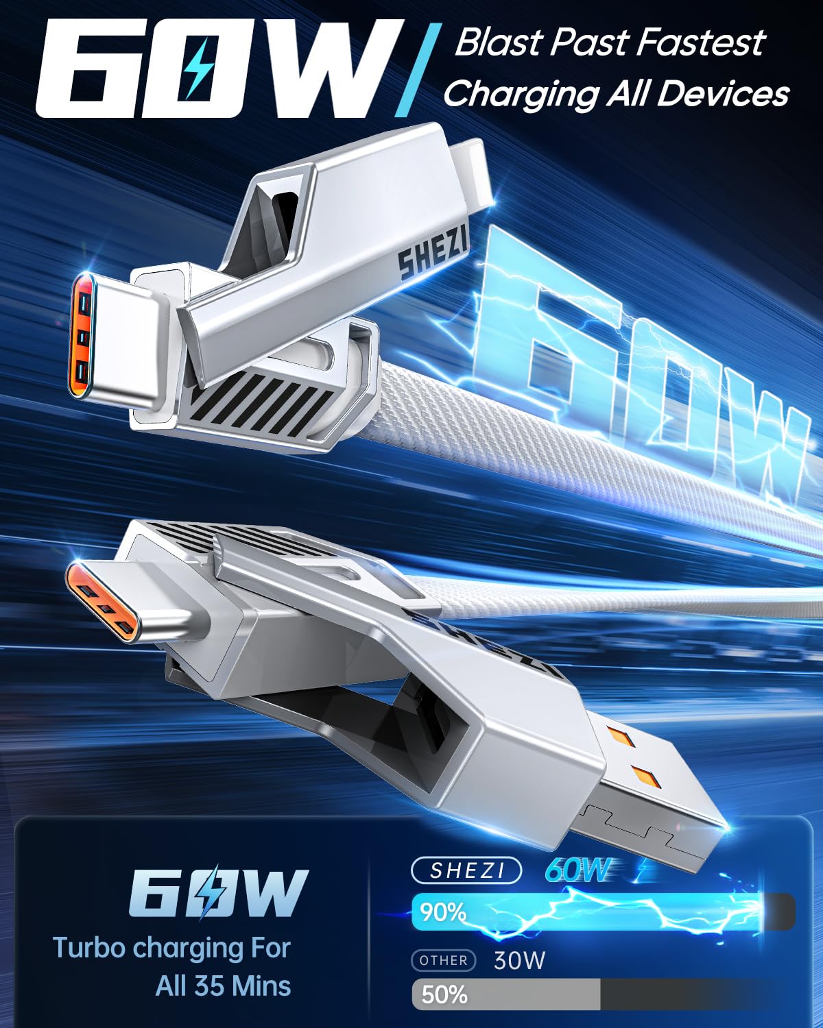 SHEZI [Upgraded 2.0] 4-in-1 USB C Cable 60W 10FT Fast Charging [480Mbps Data Sync] Flat Nylon Braided Charger Cord Combo, USB A/C to C/L Multi Charge Cable for iPhone/iPad & Most Devices, Silver