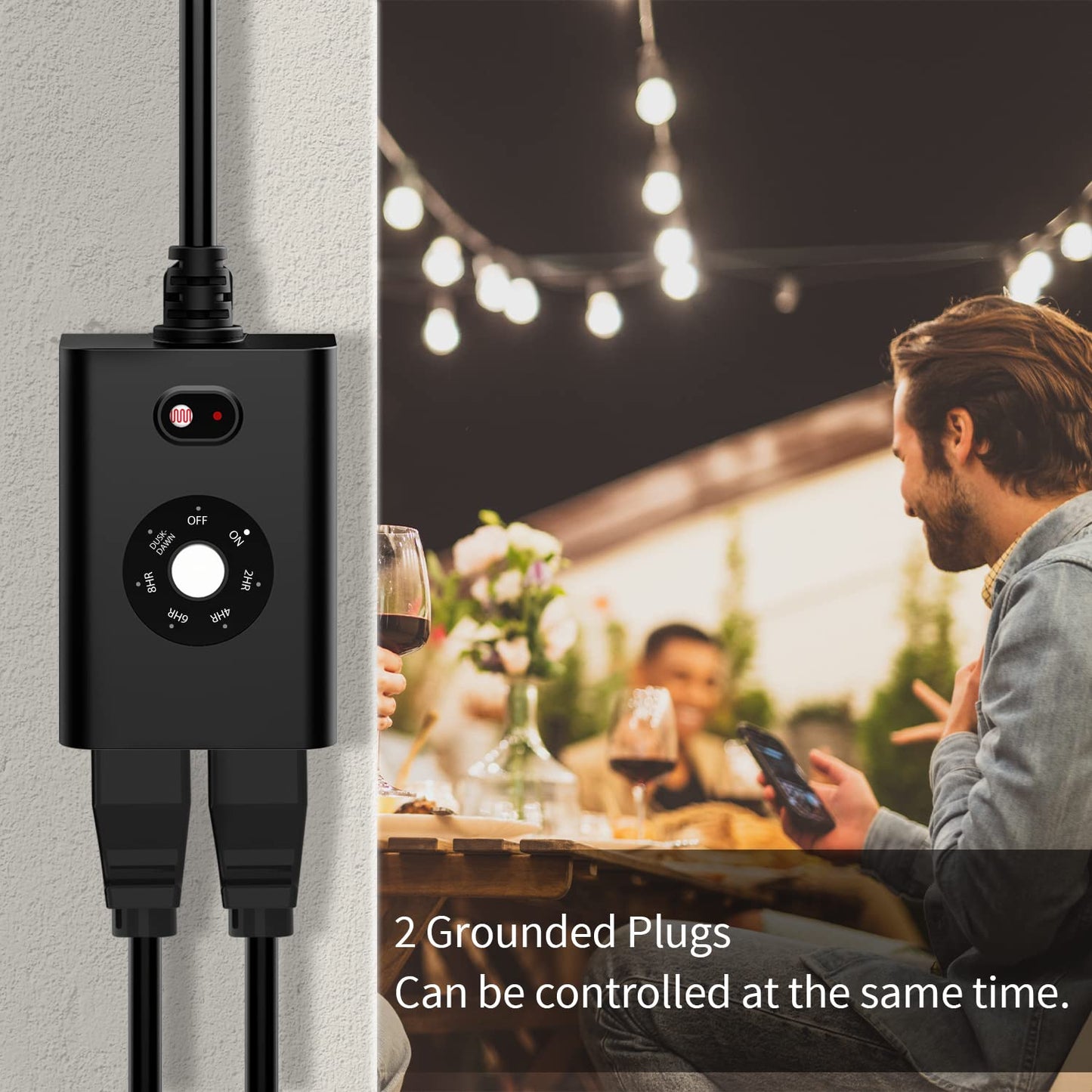 Minoston Outdoor Timer Outlet Waterproof 2 Pack, Dusk to Dawn Photocell Light Sensor Socket, 2/4/6/8 Hours Cutdown Timer, 2 Grounded Outlets for Christmas and Hallowen Deceration, Black(MP40T)